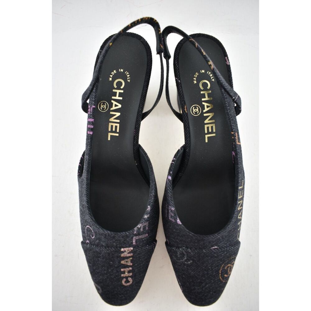 Chanel 22P Mademoiselle Coco Sling CC Black Grey Denim Slingback Sandal Heel 40 - Picture 7 of 12